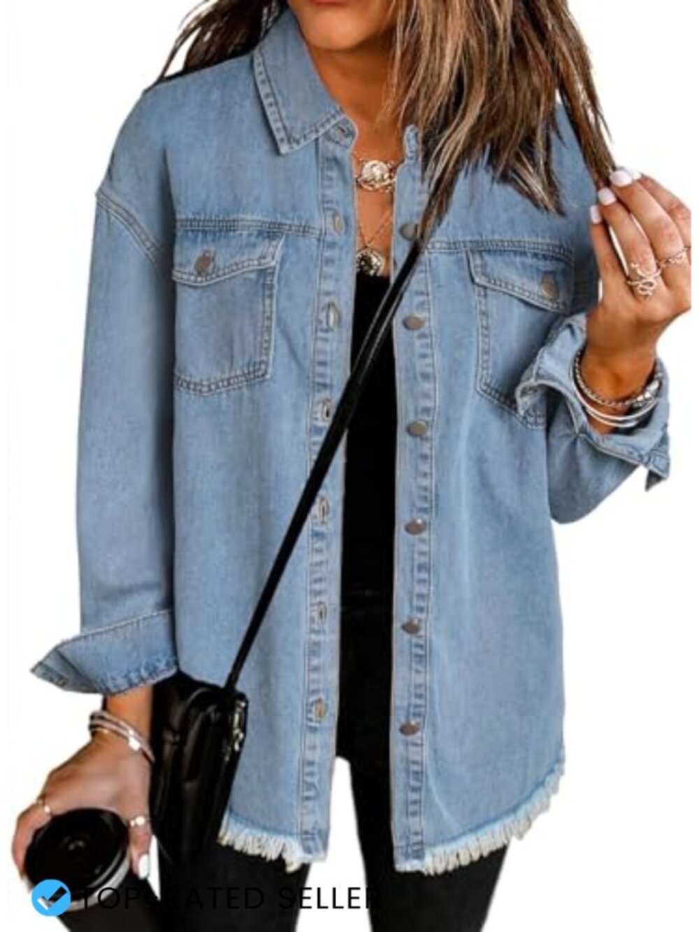 Oversized Boyfriend Denim Jacket Cotton Blend Button Front Distressed